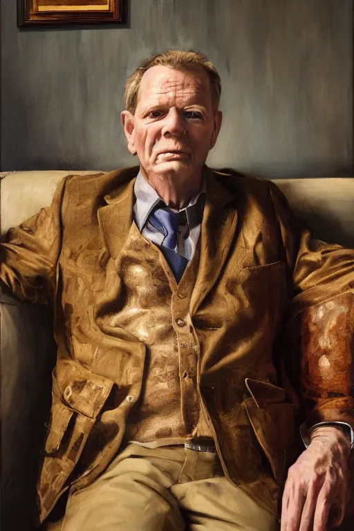 Image similar to still from tv show, retired barney, sitting in a lounge, sipping whiskey and smoking a cigar, oil on canvas, intricate, portrait, 8 k highly professionally detailed, hdr, cgsociety