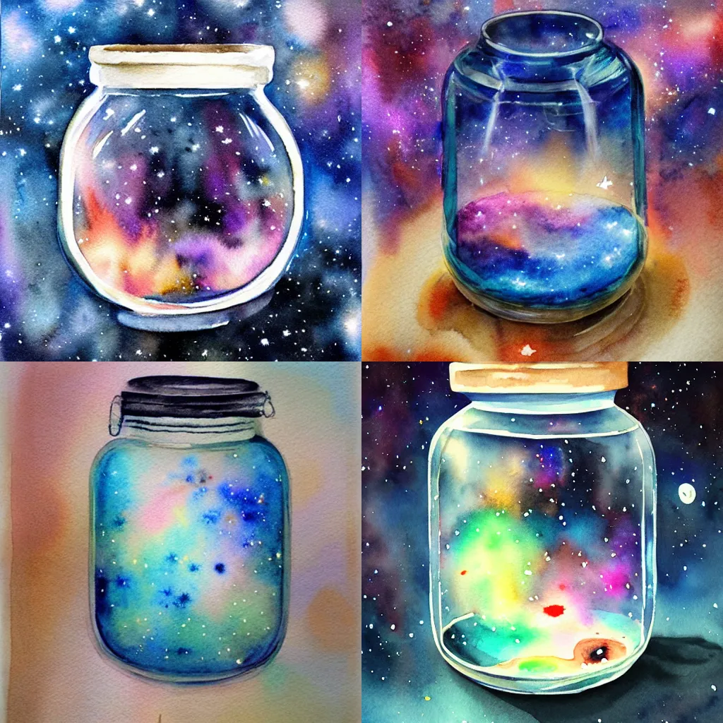 Image similar to a watercolor painting of a galaxy inside a jar, artstation