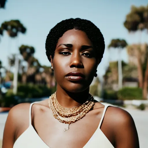 Image similar to portrait photograph of an elegant black woman wearing a sundress in Santa Monica. super resolution. 85 mm f1.8 lens.bokeh.graflex. Alessio albi