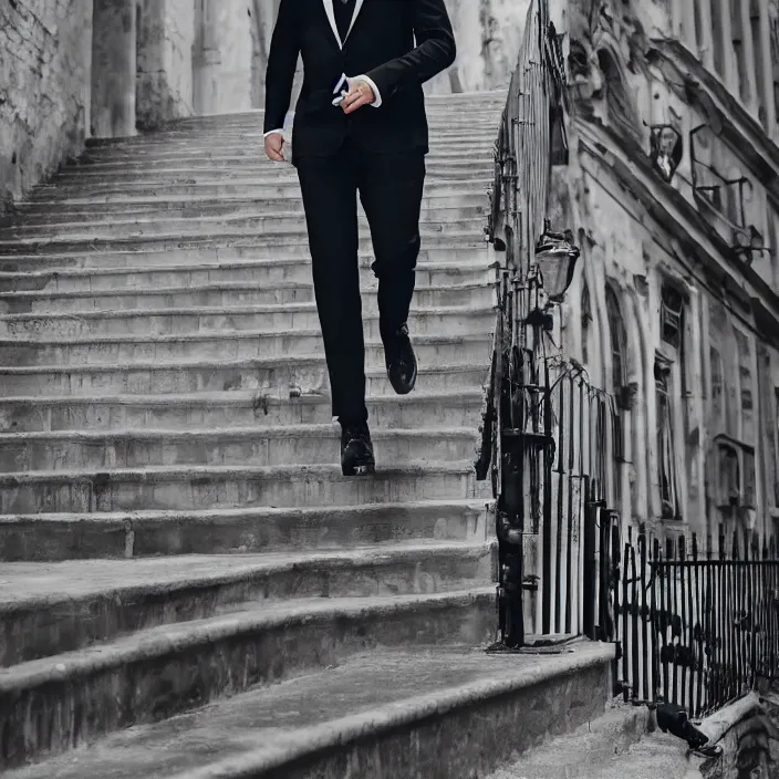 Image similar to cinematic movie, background is castle and steps, with a man wearing a silver melt mask, silver wavy long hair, black suit, 4 k