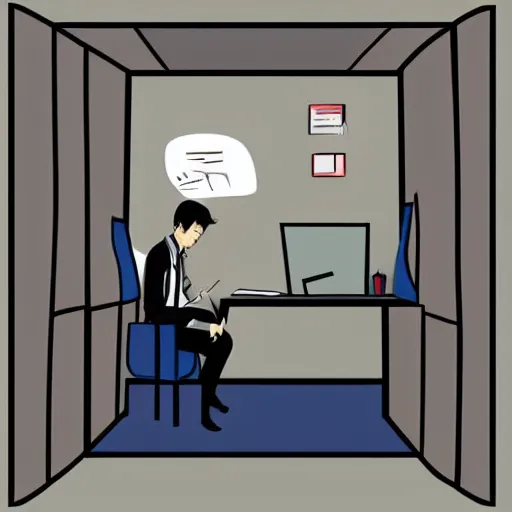 Prompt: a worker wearing a suit is sitting bored in front of his desk, it is inside a small cubicle which is completely surrounded by beautiful nature, total perspective, anime style