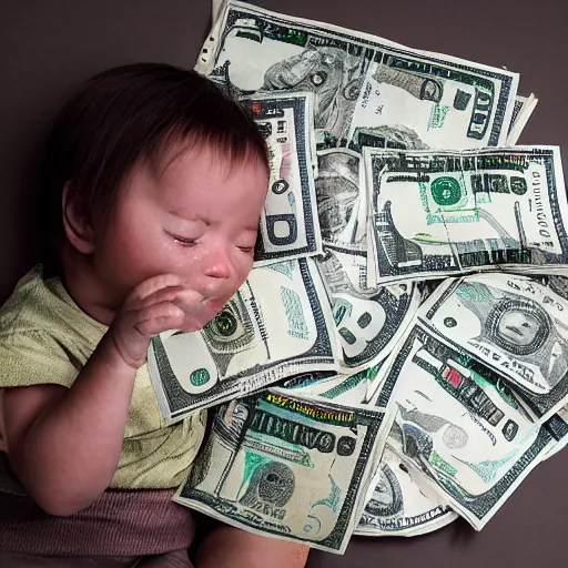 Image similar to dollar bills weaves together to make a birds nest. a crying baby lays in the middle.