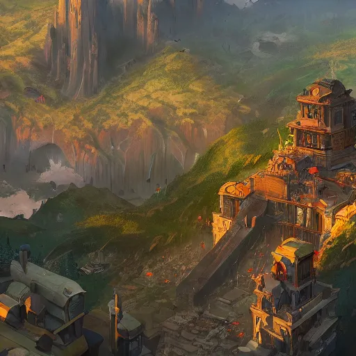 Prompt: a birds eye view overlooking an ancient fantasy city surrounded by mountains and trees of greens and browns, rivers and lakes but the city has been corrupted by a dark evil by Jordan Grimmer, Asher Brown Durand and Ryan Dening, 8k, artstation, beautiful color pallette