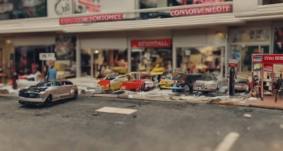 Prompt: poorly made diorama scene of a car that crashed through a convienience store from the outside, tilt shift focus