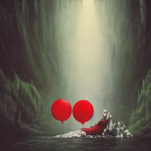 Prompt: grunge painting of a waterfall with a wide smile and a red balloon by Zdzisław Beksiński, loony toons style, pennywise style, corpse bride style, creepy lighting, horror theme, detailed, elegant, intricate, conceptual, volumetric light