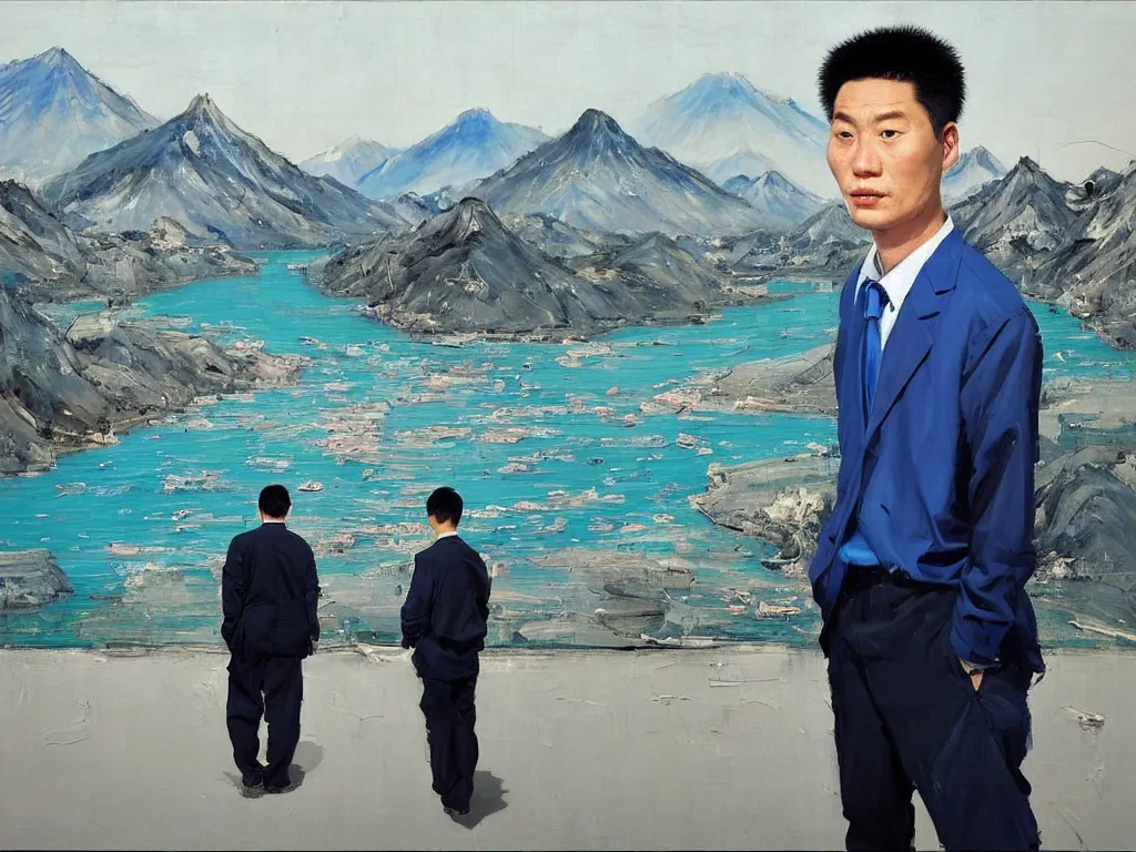 Image similar to ‘The Center of the World’ (Liu Xiaodong realist oil painting, large thick messy colorful brushstrokes, office worker next to a blue river and mountains) was filmed in Beijing in April 2013 depicting a white collar office worker. A man in his early thirties – the first single-child-generation in China. Representing a new image of an idealized urban successful booming China.