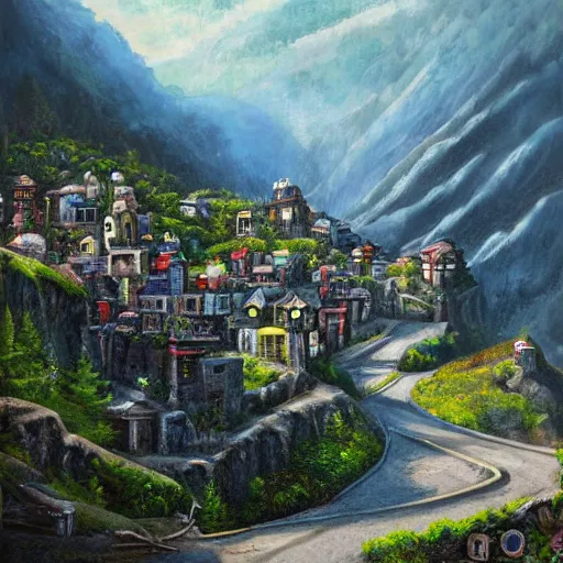 Image similar to fantasy stream punk dense city built into the side of a large mountain. houses and shops line the switchback roads along the mountain side. high quality, realistic oil painting