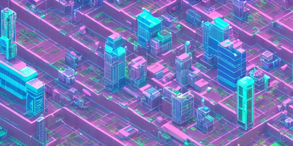 Prompt: isometric voxel art cyberpunk future city at night pink and blue c4d