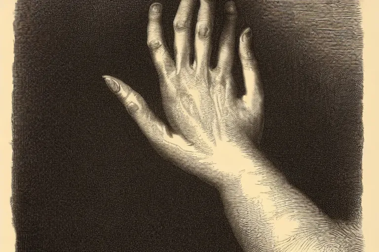 Image similar to woman hand, soft light, Gustave Dore lithography