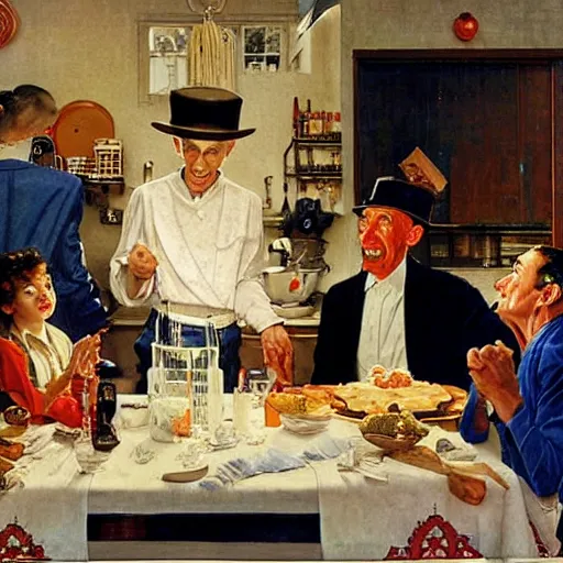 Image similar to a thin man wearing a hat entertains jesus christ with a magic trick in the kitchen, painted by norman rockwell and tom lovell and frank schoonover