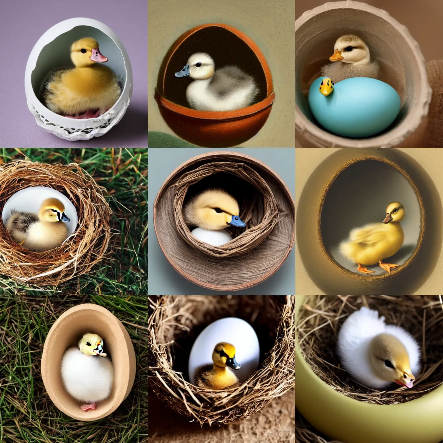 Prompt: a baby duck sitting inside an ornate egg shell