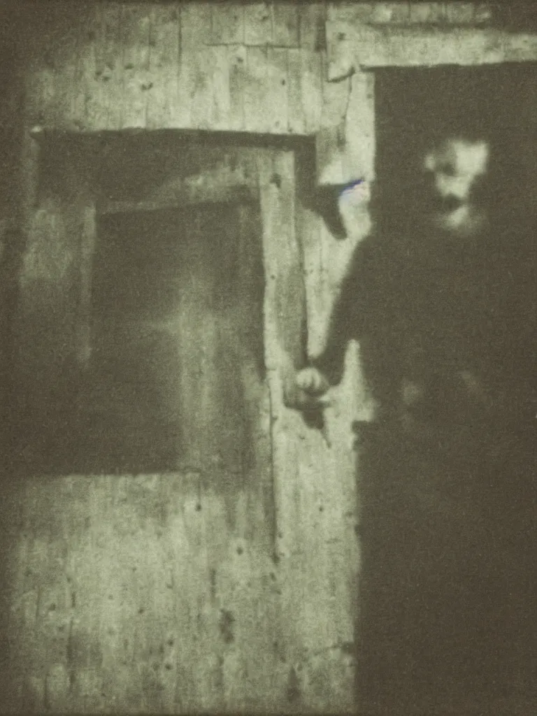 Image similar to still of a vampiric creature hiding in a barn, western film, horror movie, grainy, faded, polaroid, old photo, found footage
