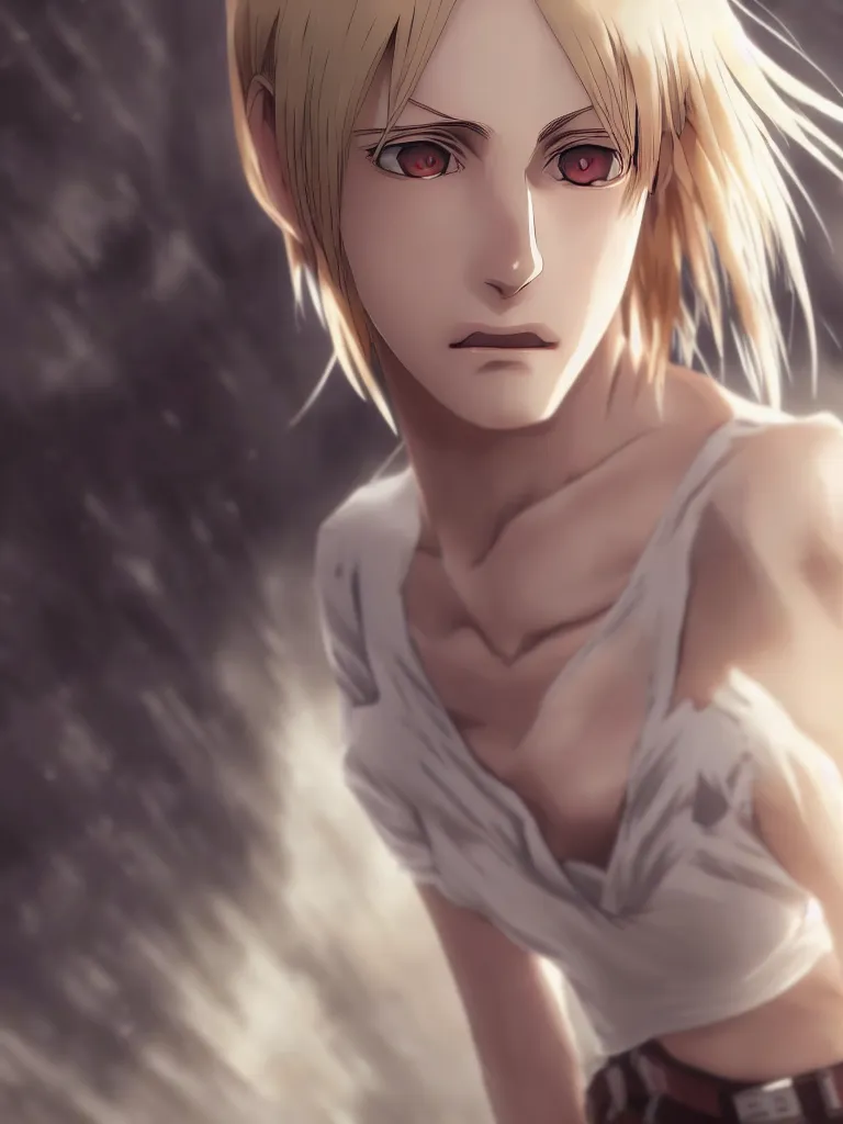 Prompt: annie leonhart wallpaper, anime screenshot, hyper realistic, pale skin, beautiful face, 1 0 8 0 p, rule of thirds, extreme detail, detailed drawing, trending artstation, hd, fantasy, realistic lighting, sharp focus, backlit, attack on titan scenery, photorealism, octane render, cinematic lighting