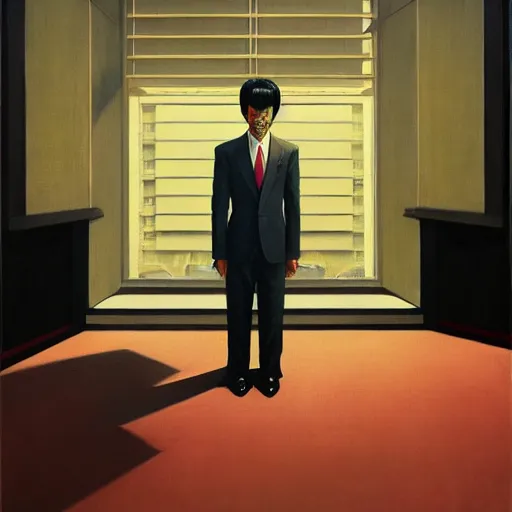 Image similar to Portrait of Japanese Yakuza wearing a business suit , very coherent, painted by Edward Hopper, Wayne Barlowe, painted by James Gilleard, airbrush, art by JamesJean