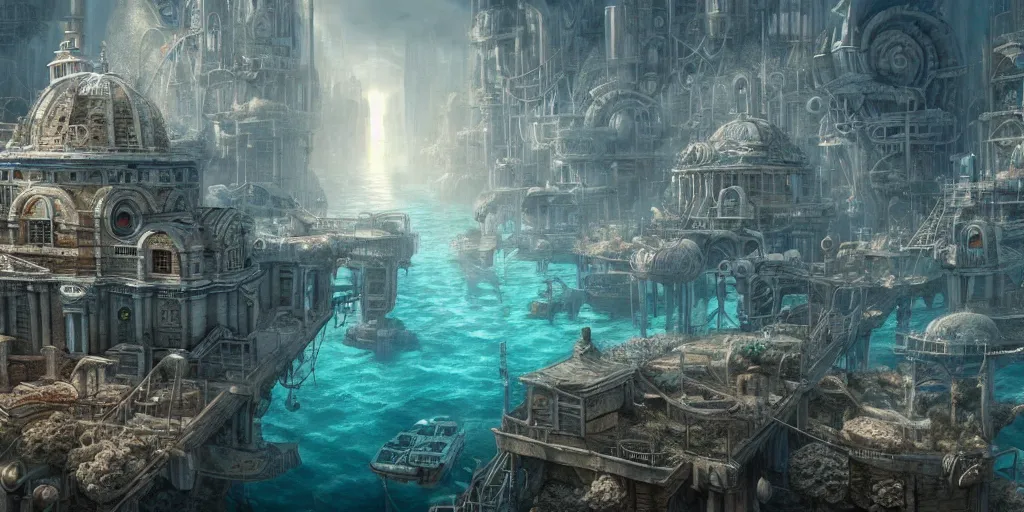 Prompt: ultra realistic underwater city, style epic, insanely detailed, style of, role thomas style ocatne render, artstation trend, epic art style, giovanni paolo panini, cinematic, concept art, 8 k hd