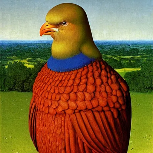 Image similar to portrait of a dramatic parot suffering, painting by Jan van Eyck, Audubon, Rene Magritte,