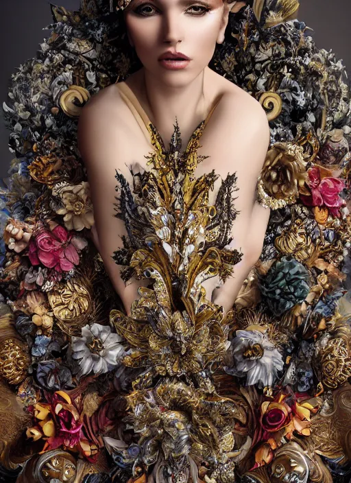 Image similar to expressive full body photo of a female model, ornate headpiece made from flowers, ornaments, glamour shot, by karol bak, by stefan gesell, photorealistic, canon r 3, fashion photography, hyper maximalist, elegant, ornate, luxury, elite, environmental portrait, symmetrical features, octane render, unreal engine, solid dark grey background, dramatic lights