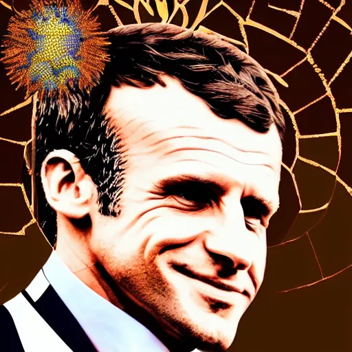 Image similar to portrait mosaic of Emmanuel macron with animal ears, 4k, intricate details, digital, sun in the background