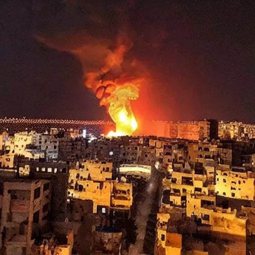 Prompt: picture of huge explosion in city in Syria at night