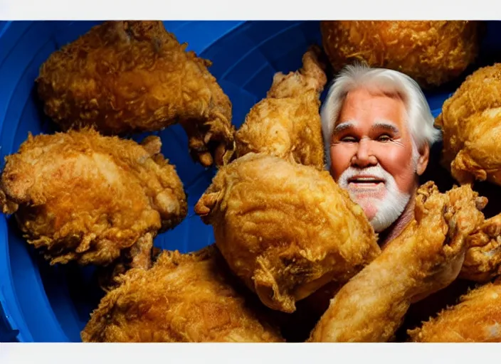 Prompt: photo still of kenny rogers in a ball pit of fried chicken!!!!!!!! at age 4 6 years old 4 6 years of age!!!!!!!! hiding from parents, 8 k, 8 5 mm f 1. 8, studio lighting, rim light, right side key light