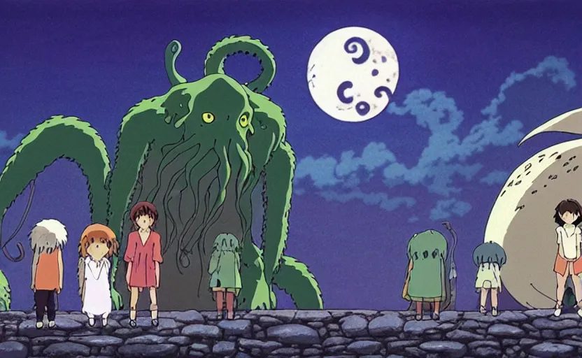 Prompt: a still from a studio ghibli movie of a cartoon cthulhu and friends from princess mononoke ( 1 9 9 7 ), in front of a pale full moon, full body, wide shot, very dull muted colors, studio ghibli, highly detailed, deviantart, art by artgem