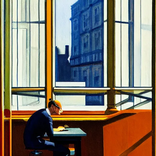 Image similar to A fine art painting of a man wearing Vr goggles at a desk through a window on a British street. In the style of Edward Hopper and Wes Anderson