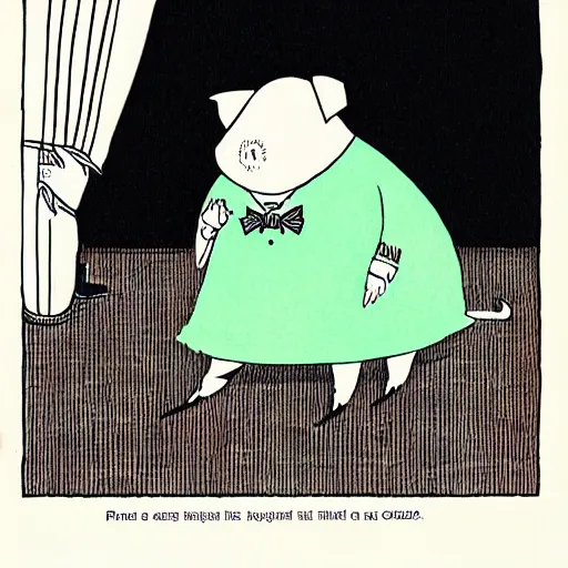 Image similar to a pig in a tuxedo, illustration by Edward Gorey