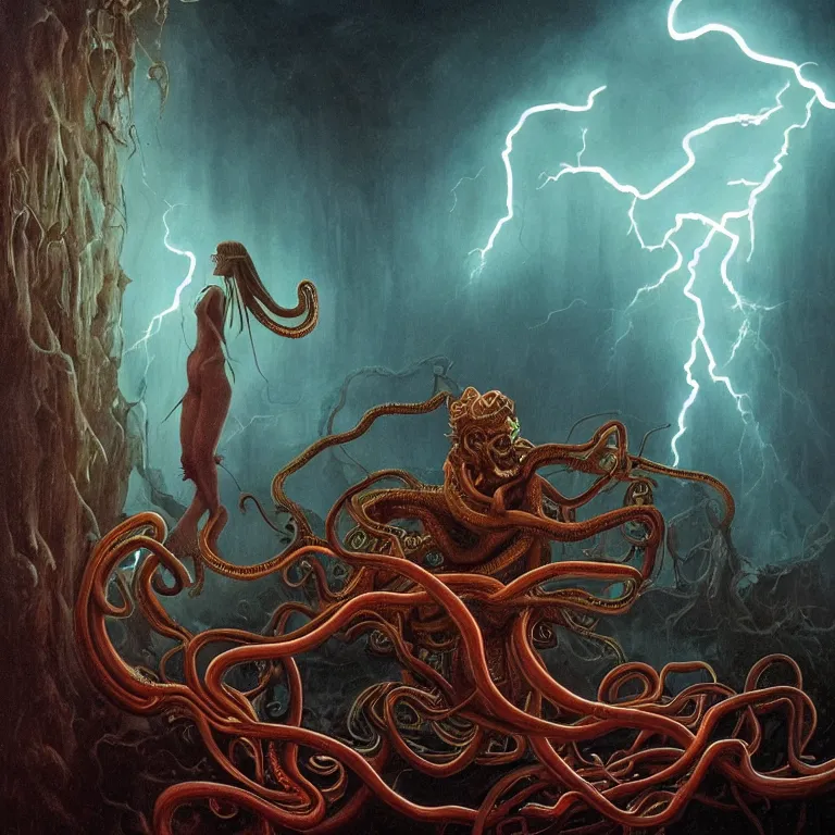 Prompt: An amorphic being with tentacles of liquid reflective copper and neon emerges from the dark surreal ether, mist amidst lightning, high contrast lighting, backlit, blacklight by Michael Whelan and Ed Binkley