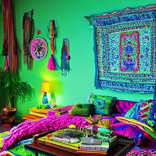 Image similar to a neon bohemian room, highly realistic, photo