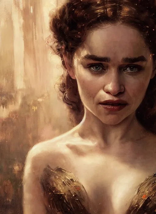 Image similar to emilia clarke staring seductively, staring seductively, detailed by gaston bussiere, bayard wu, greg rutkowski, giger, maxim verehin, greg rutkowski, masterpiece, sharp focus, cinematic lightning