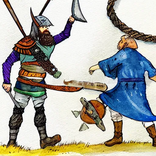 Image similar to une deesse viking sur un champ de bataille qui par en guerre pour recuperer son trone, dans un style aquarelle