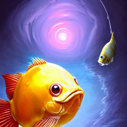 Image similar to a photorealistic portrait of magikarp, it has yellow hair and a beautiful unconventional face, deep space in the background, elegant, highly detailed, digital painting, artstation, realism, concept art, pop, smooth, mythological, sharp focus, qualia, illustration, art by mark ryden 3 d 8 k ultra detailed