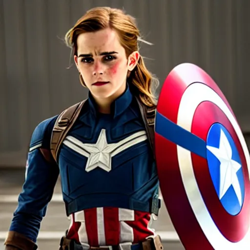 Image similar to A still of Emma Watson as captain America movie