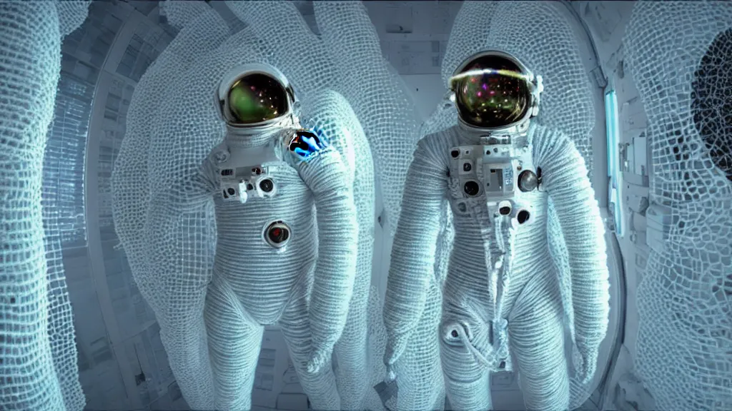 Image similar to a cybernetic symbiosis of a single astronaut eva suit made of pearlescent wearing knitted yarn thread infected with diamond 3d fractal lace iridescent bubble 3d skin covered with stalks of insectoid compound eye camera lenses floats through the living room, film still from the movie directed by Denis Villeneuve with art direction by Salvador Dalí, wide lens,