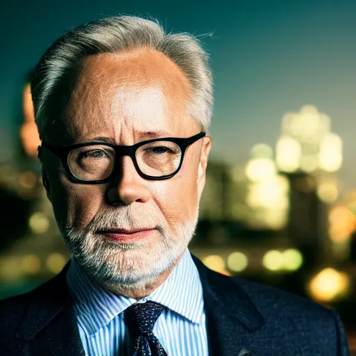 Image similar to a still of Wolf Blitzer . Shallow depth of field. City at night in background, lights, colors ,studio lighting, mood, 4K. Profession photography