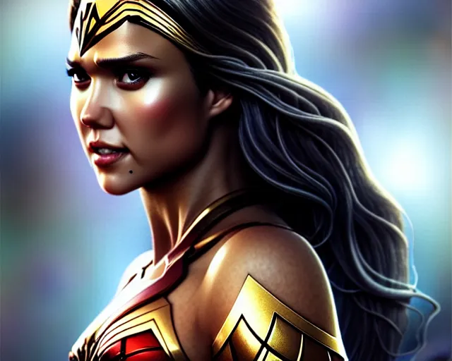 Image similar to jessica alba as wonder woman, elegant, highly detailed, sharp focus, art by Artgerm and Greg Rutkowski and WLOP