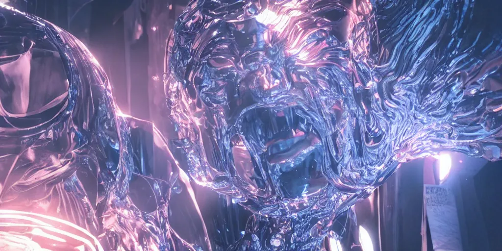 Image similar to complex sculptures, lasers, glowing people, skin, god rays, hair, metal reflections, mirrors, infinite, close up, wet, ultra detailed