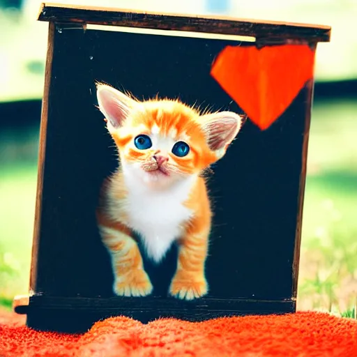 Image similar to cute orange tabby kitten with a sign that says