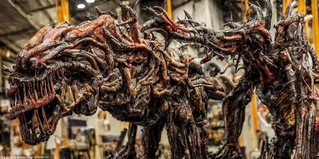 Image similar to photo taken of an epic intricate, ultra detailed, super realistic gritty, hero prop, exquisitely painted animatronic movie prop of a grotesque nightmarish hellish alien creature displayed in the workshop, created by weta workshop, full body shot, photorealistic, sharp focus