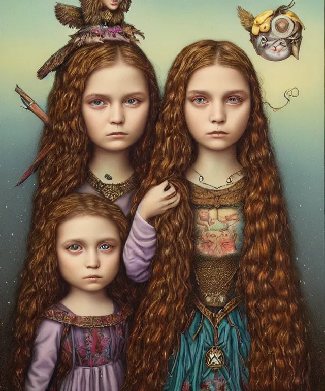 Image similar to epic fantasy portrait of sisters Olsen, lowbrow painting by Mark Ryden