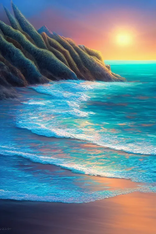 Image similar to digital matte fantasy dreamy beachscape, artstation, behance, 8 k by alex grey