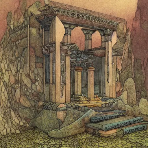 Image similar to highly detailed illustration of an ancient temple filled with magical energy by edmund dulac and android jones, scans from museum collection, opical illusion, mind blowing, strange