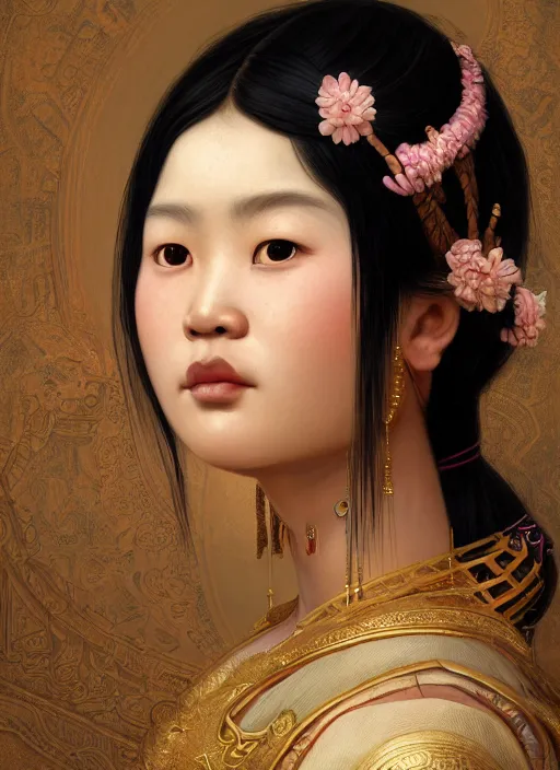 Image similar to beautiful portrait of a Asia minority female wearing fantastic costume,pigtail,intricate, elegant, highly detailed, dim volumetric lighting, 8k,octane,post-processing,digital painting, trending on artstation, concept art, smooth, sharp focus, illustration,by Tom Bagshaw and Daniel Gerhartz and Albert Aublet and Lawrence Alma-Tadema and alphonse mucha