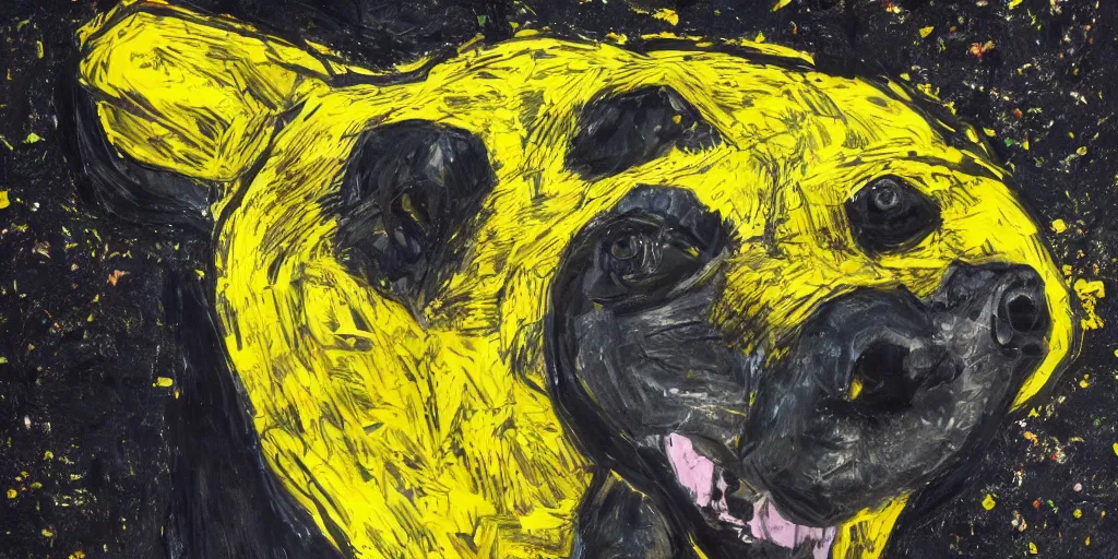 Image similar to rendered in blender scary dog on wired, yellow, blue and black, collage paper and tape, acrylic on canvas, hyperrealism mixed with expressionism, high resolution, cinematic, unreal 6, breathtaking detailed, by blake neubert