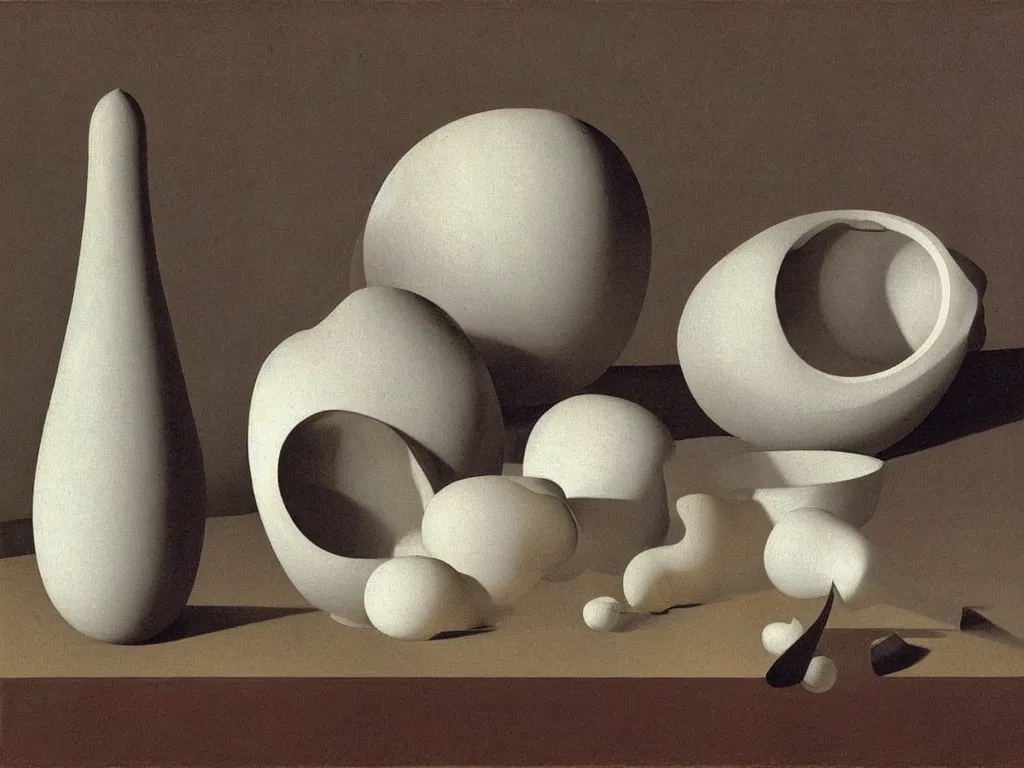 Prompt: Still life with absurd, Brancusi sculpted, round, architectural miniature model, white vase, ceramic pot. Painting by Zurbaran, Escher