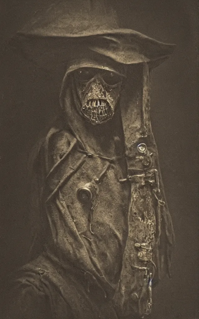 Prompt: portrait of an undead mutant plague doctor, daguerreotype, studio lighting, hyperrealistic, ultra detailed