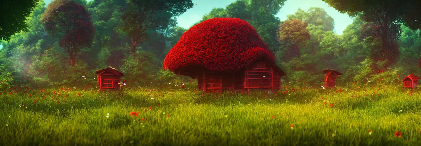 Image similar to stunning glowing dominant large highlighted crimson - black beehive, large cute bee, in a beautiful forest meadow village landscape, flowers, happy trees, photorealistic, octane render, rtx, hdr, unreal engine, digital art widescreen 8 k, studio ghibli, disney, wlop