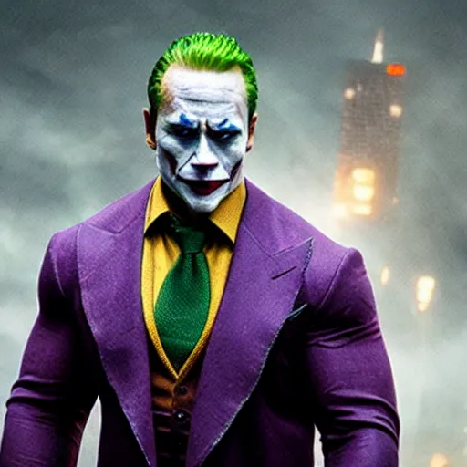 Image similar to still of Dwayne Johnson as Joker in new Joker film, arguing with Batman