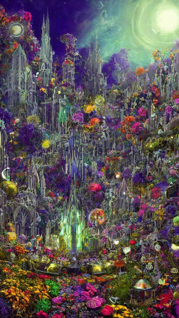 Image similar to a centered render of intricate modular synthesizer of alice in wonderland, shining its light across a tumultuous sea of flowers, undersea animals and gothic crystal church and mutant robots and vintage house tunnels by dorothea tanning and salvador dali, trending on artstation, cyber punk, high contrast, unreal engine, high detailed, 8 k