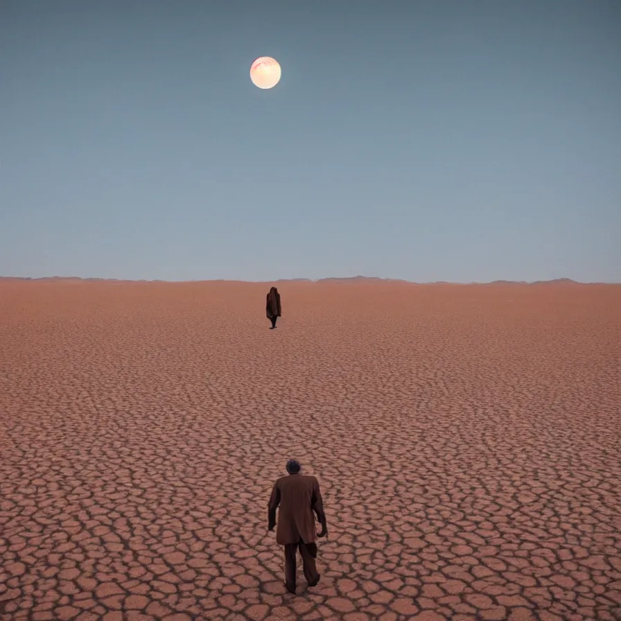 Image similar to a surreal landscape of a frightened man wandering in a vast desert lit by two scary moons